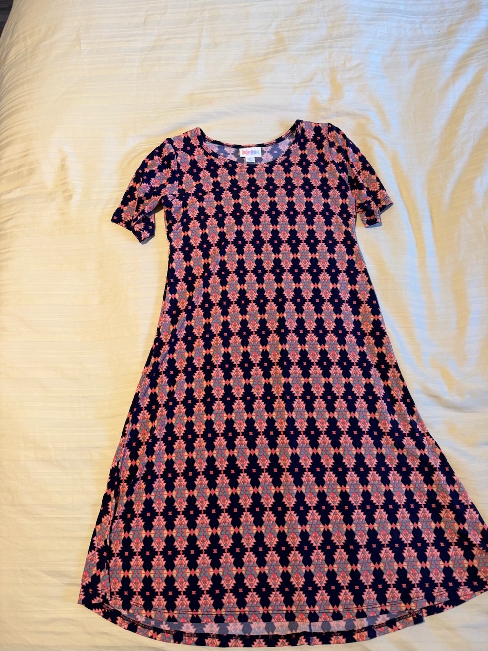 LuLaRoe Pink and Navy Geometric Midi Dress size 12 girls
